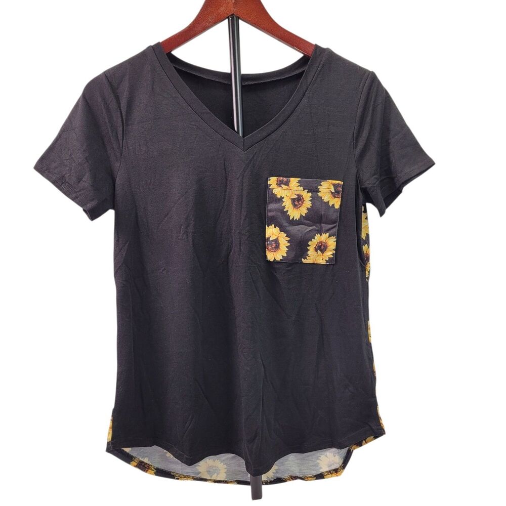 Women Short Sleeve Sunflower Printed Back With Pocket Black Top Size Small